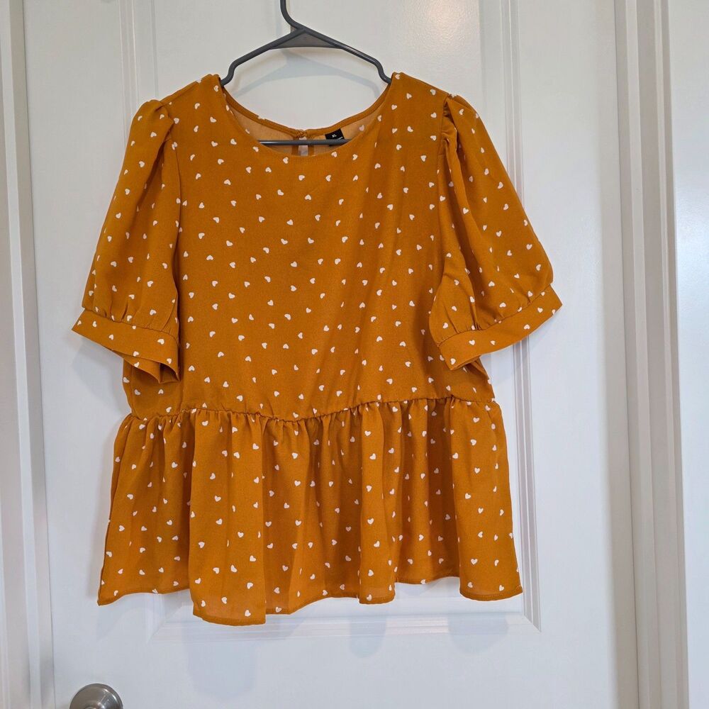 Mustard Yellow Heart Polka Dot Peplum Top Womens XL Twee Mod Retro Teacher